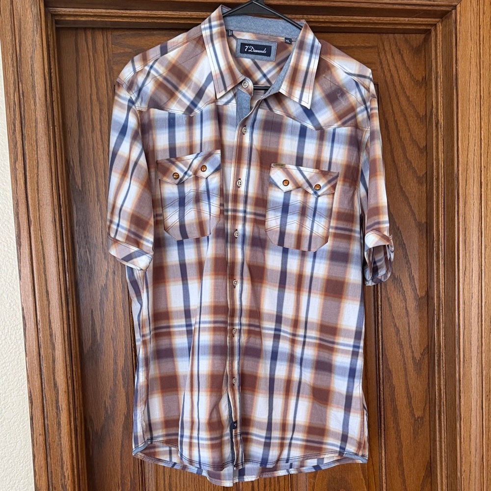 7 Diamonds Brown and Blue Plaid Casual Shirt